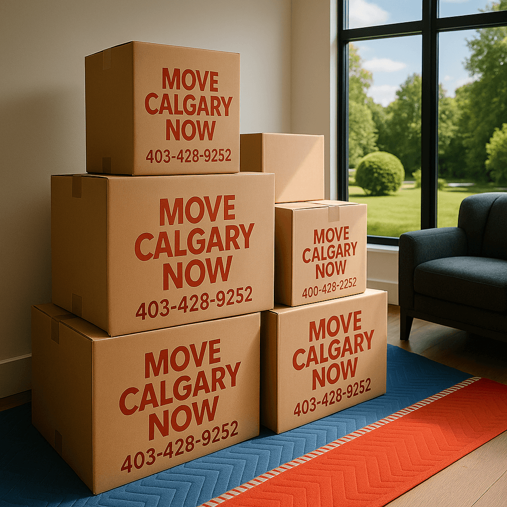 Moving boxes and supplies neatly organized, ready for moving day.