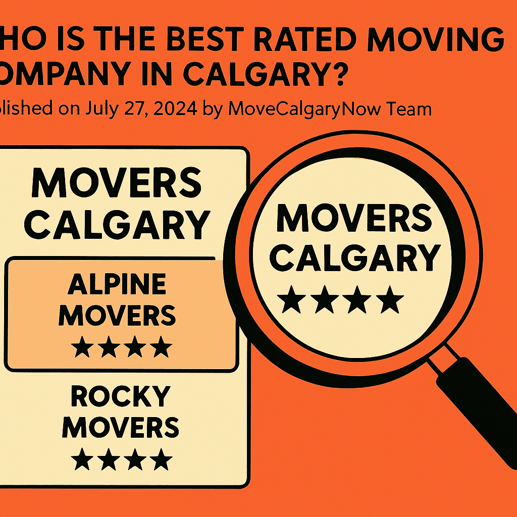 Magnifying glass over a list of Calgary moving company names and ratings