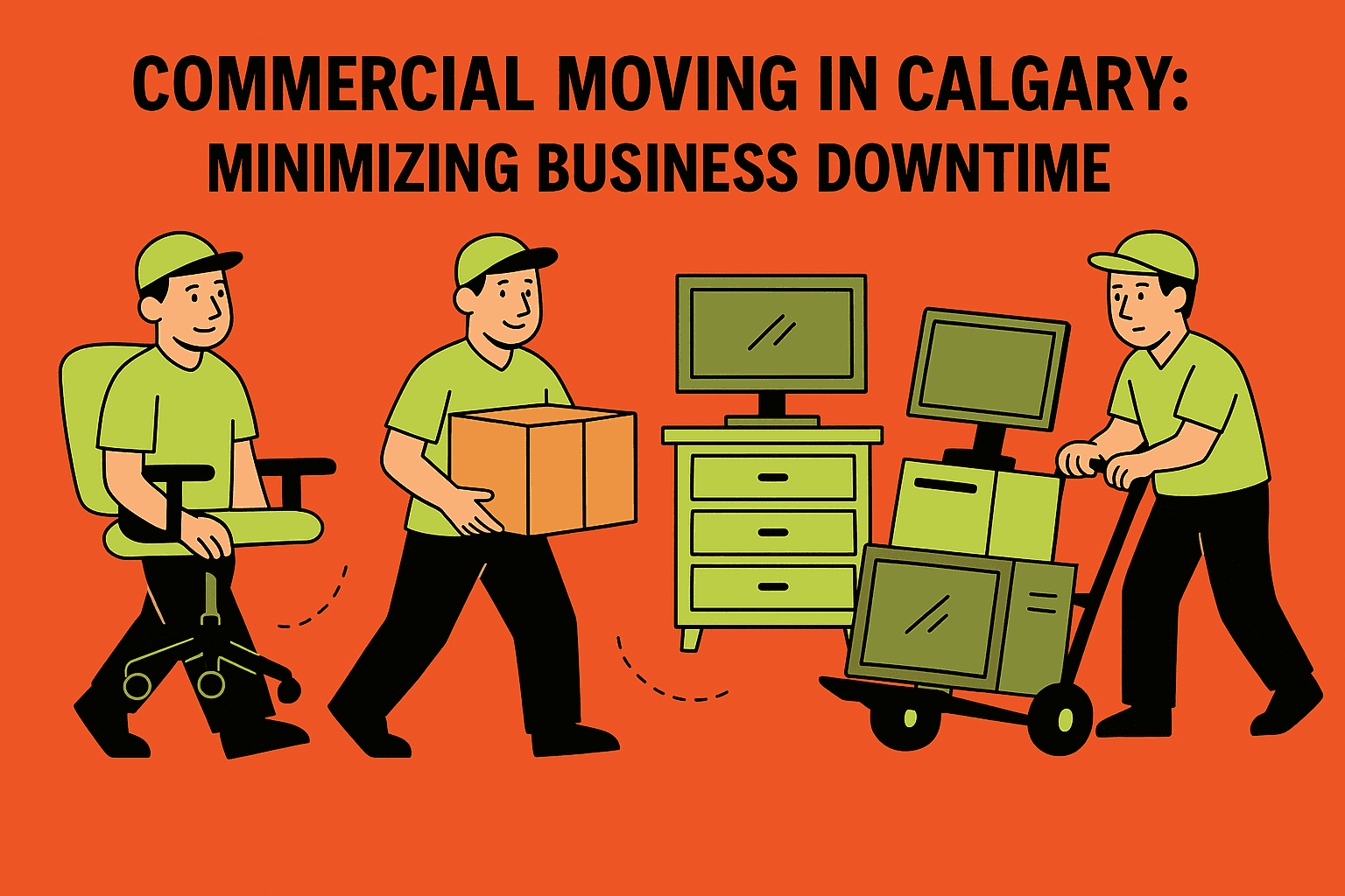 Movers carefully transporting office furniture and computer equipment