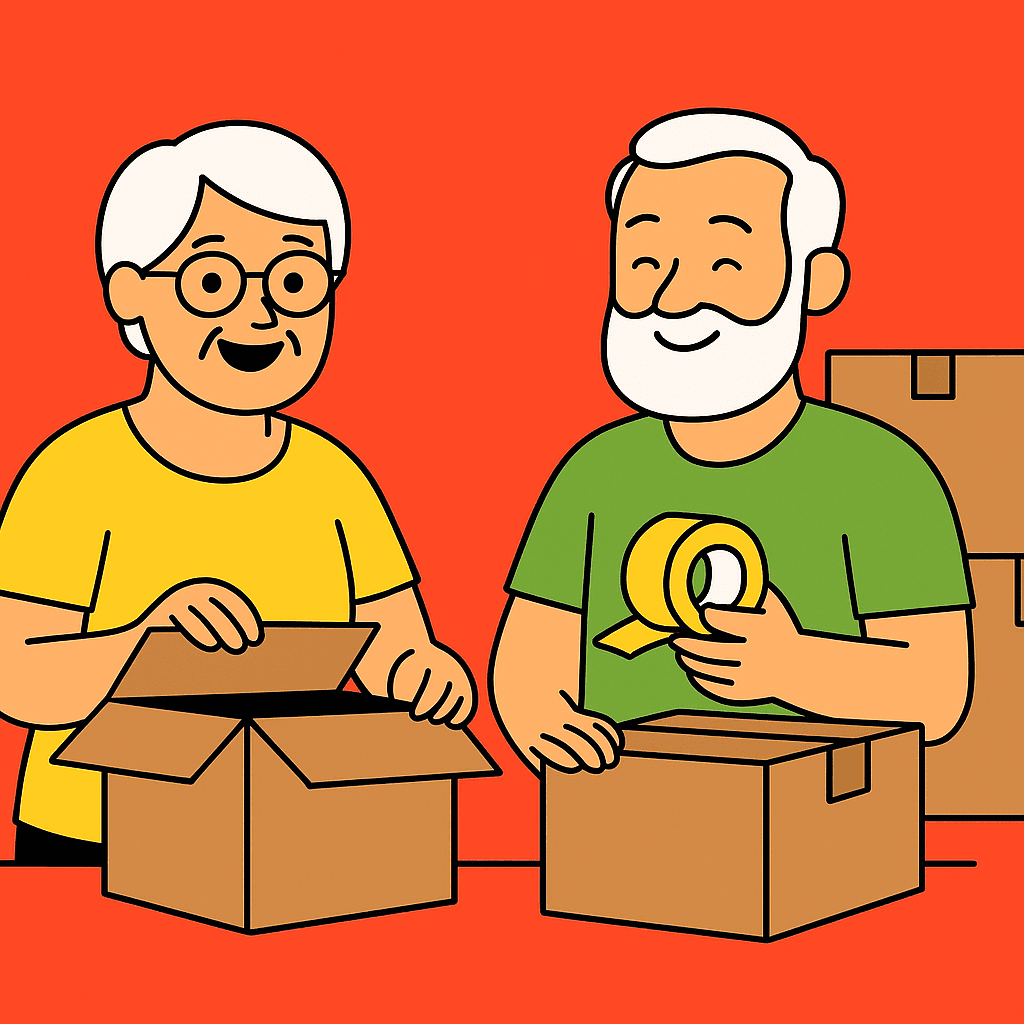 Senior couple smiling while packing boxes for downsizing move