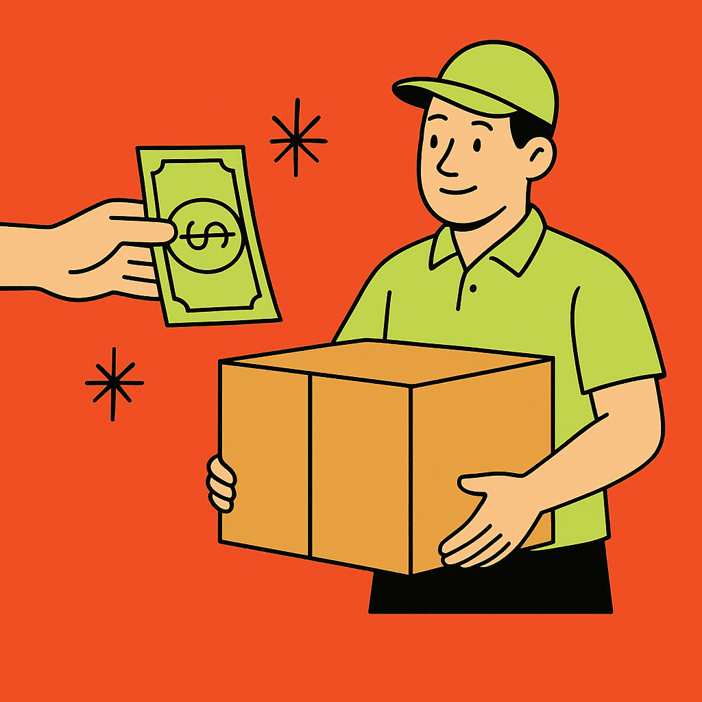 Hand giving cash tip to a mover carrying a box