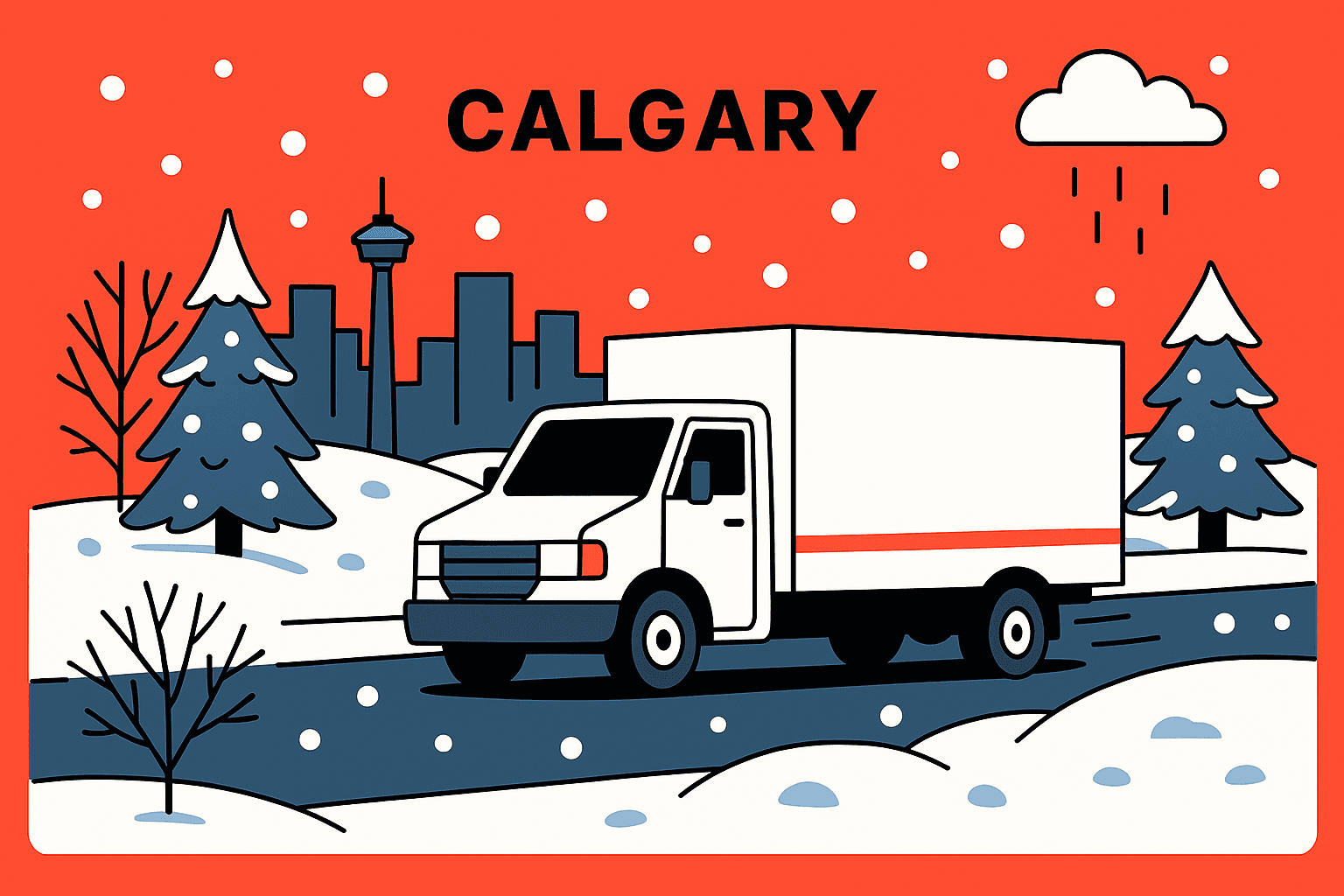 Moving truck driving on a snowy Calgary street